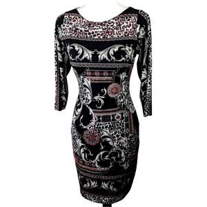 Cache Wmns dress Sz4 black and white print red embelished silver leaves VGVC